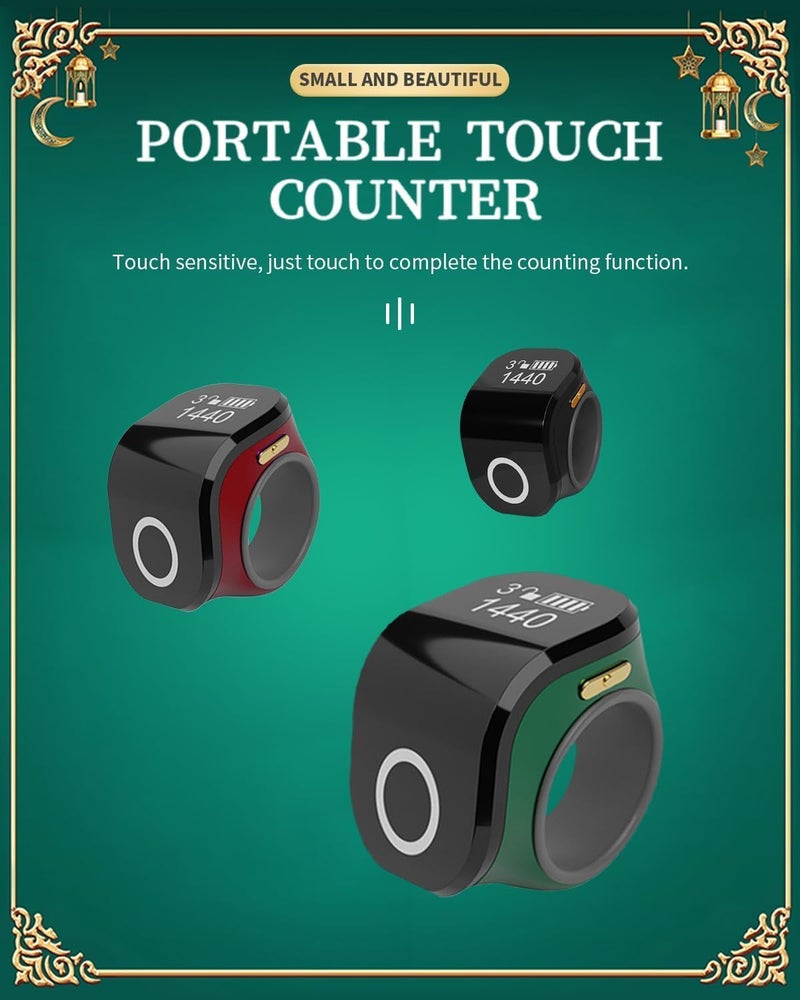 حلقة تسبيح حلقة زكر ذكية تسبيح مع مقعد أصابع سيليكون قابل للتعديل مناسبة للبالغين للصلاة (أسود) - Image 2