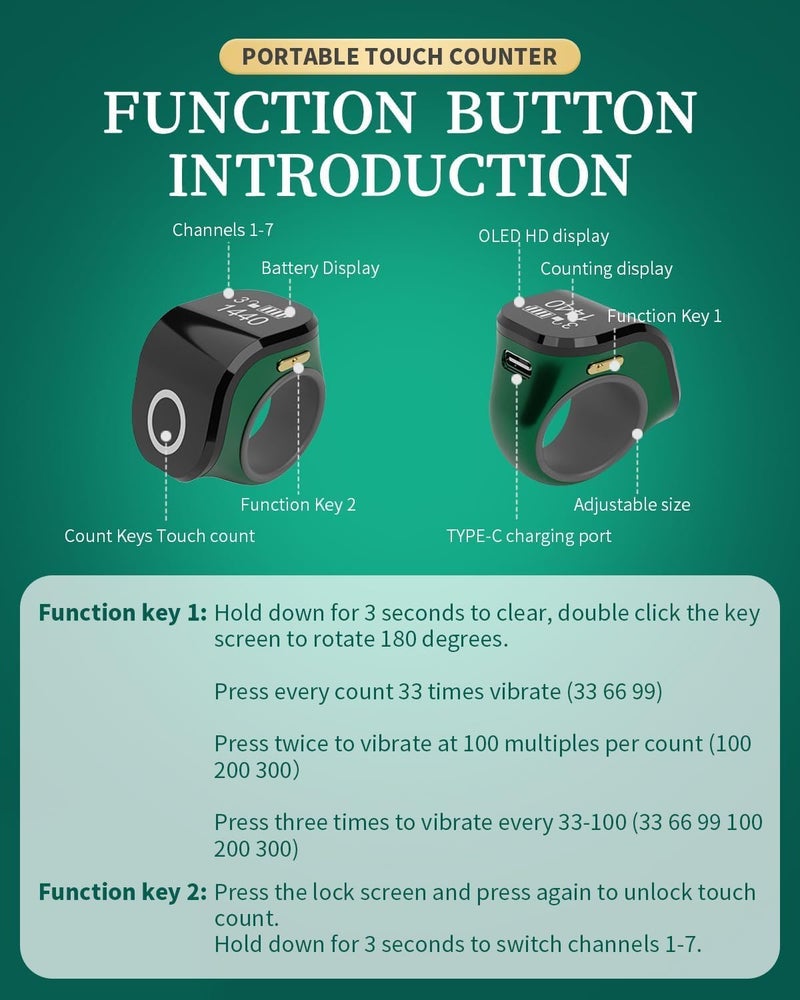 حلقة تسبيح حلقة زكر ذكية تسبيح مع مقعد أصابع سيليكون قابل للتعديل مناسبة للبالغين للصلاة (أسود) - Image 4
