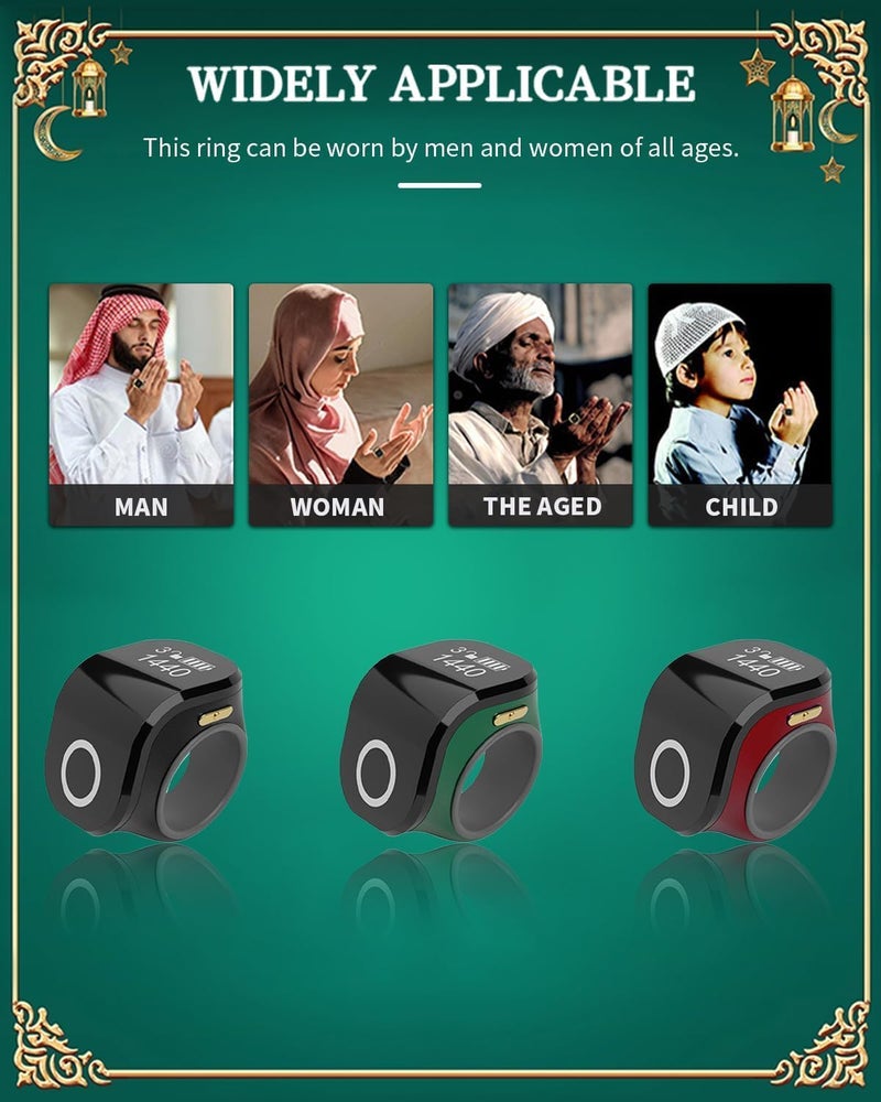 حلقة تسبيح حلقة زكر ذكية تسبيح مع مقعد أصابع سيليكون قابل للتعديل مناسبة للبالغين للصلاة (أسود) - Image 5