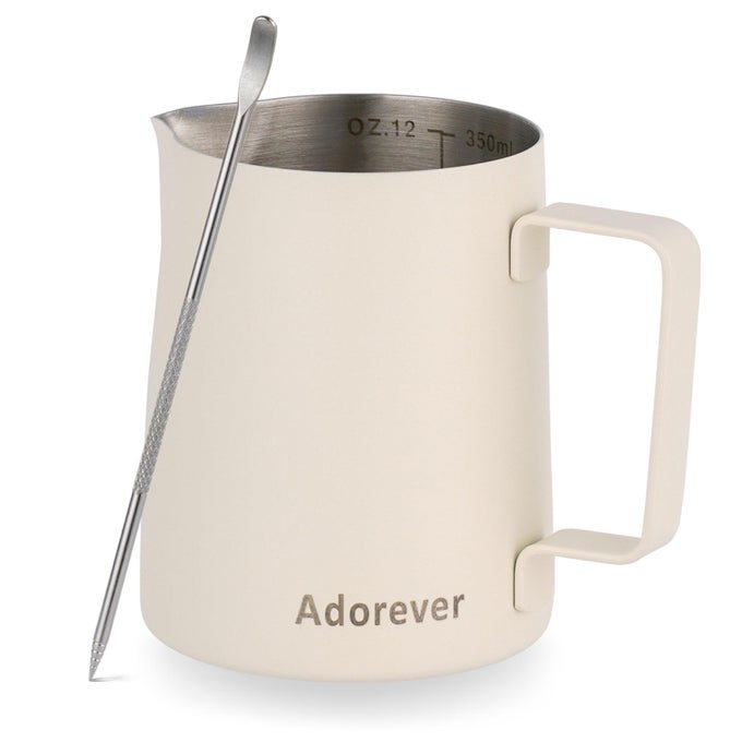 MILK FROTHING PITCHER 350ML12OZ STEAMING PITCHERS STAINLESS STEEL MILK COFFEE CAPPUCCINO LATTE ART BARISTA STEAM PITCHERS MILK JUG CUP WITH DECORATING ART PEN MATTE WHITE