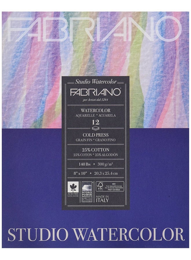 Fabriano 91230020 Tape Binding Acid-Free Cold Press Studio Watercolor Pad, 12 Sheets, 140 Pound, 8"x10"