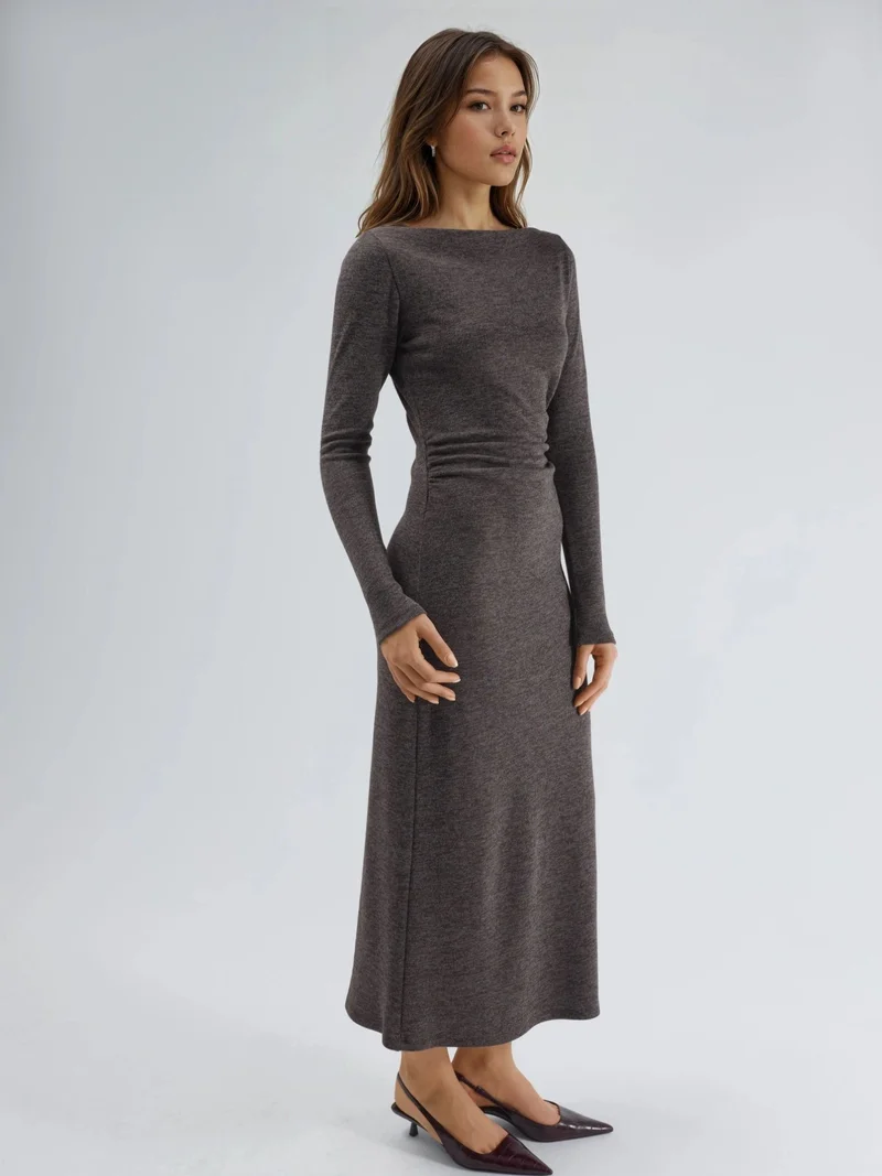 HICCUP Dark Mocha Brown Drape Detailed Boat Neck Maxi Dress for Women | Best Price UAE