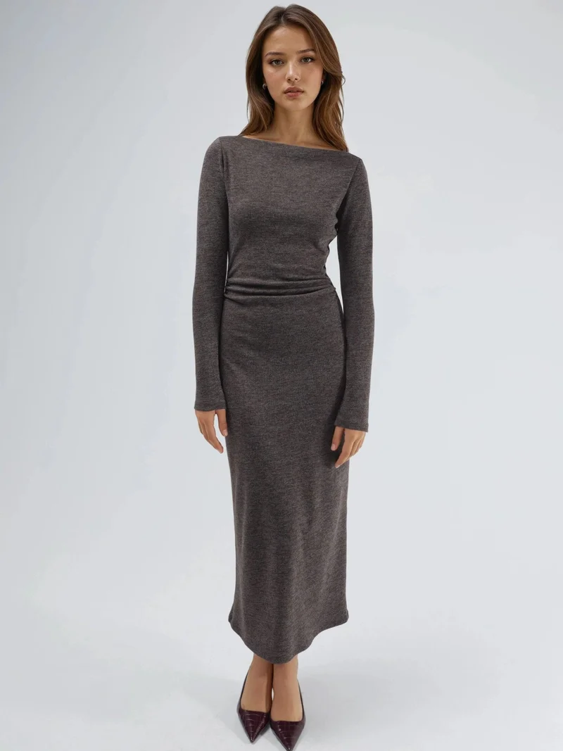 Drape Detailed Boat Neck Maxi Dress