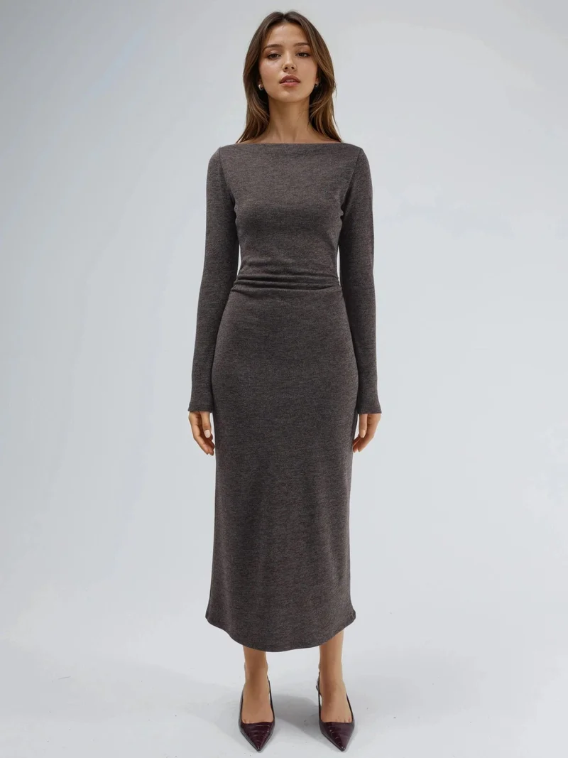 HICCUP Dark Mocha Brown Drape Detailed Boat Neck Maxi Dress for Women | Best Price UAE