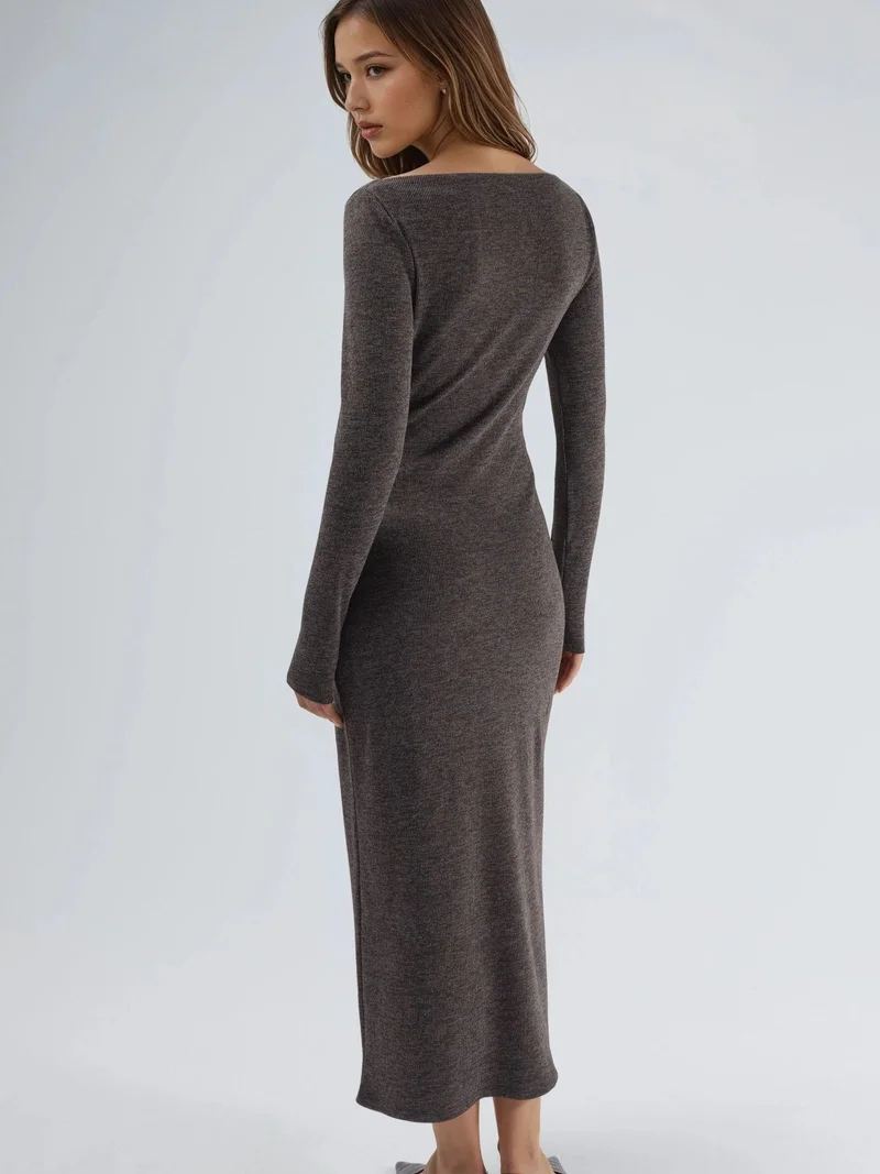 HICCUP Dark Mocha Brown Drape Detailed Boat Neck Maxi Dress for Women | Best Price UAE