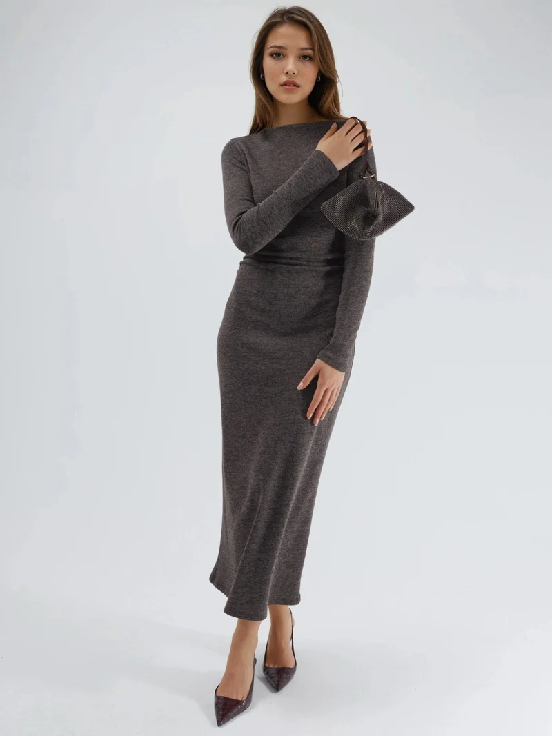 HICCUP Dark Mocha Brown Drape Detailed Boat Neck Maxi Dress for Women | Best Price UAE