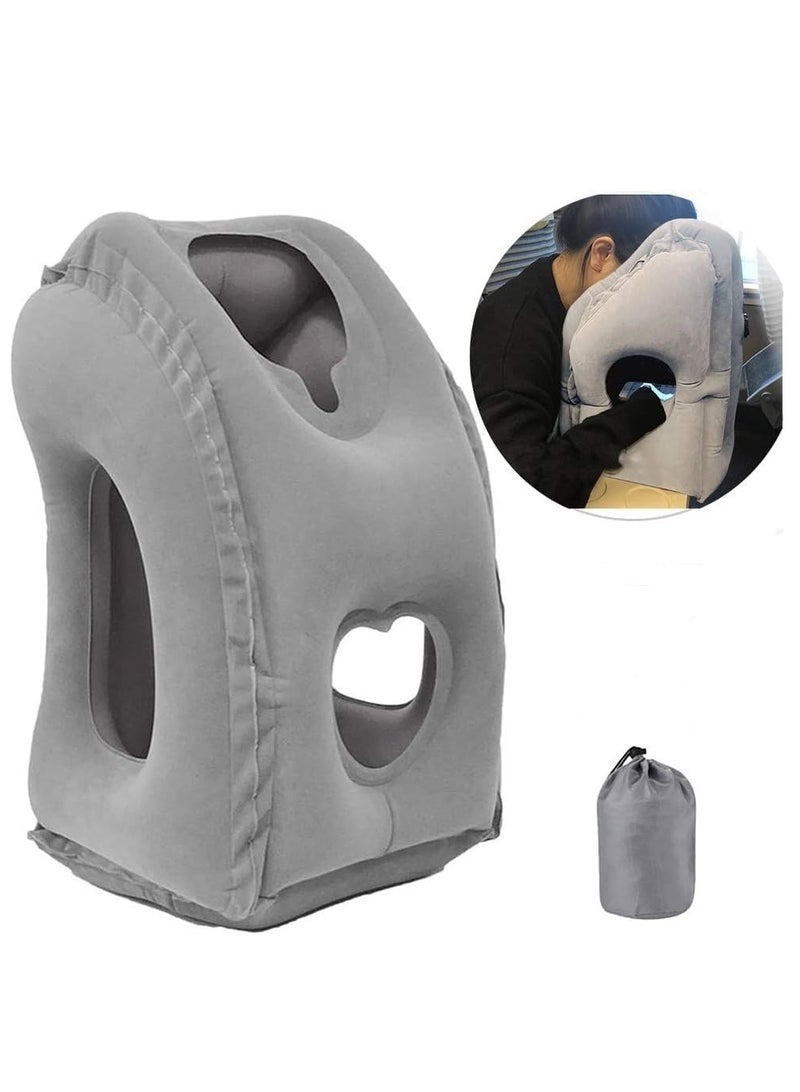 وسادة سفر قابلة للنفخ متعددة الوظائف، ضرورية للطائرة، السيارة، الحافلة، القطار، والنوم في المكتب، توفر دعمًا للرأس والذقن، تخفيف آلام الرقبة والكتفين، تدعم الرقبة والعمود الفقري بشكل مريح (رمادي) - Image 1
