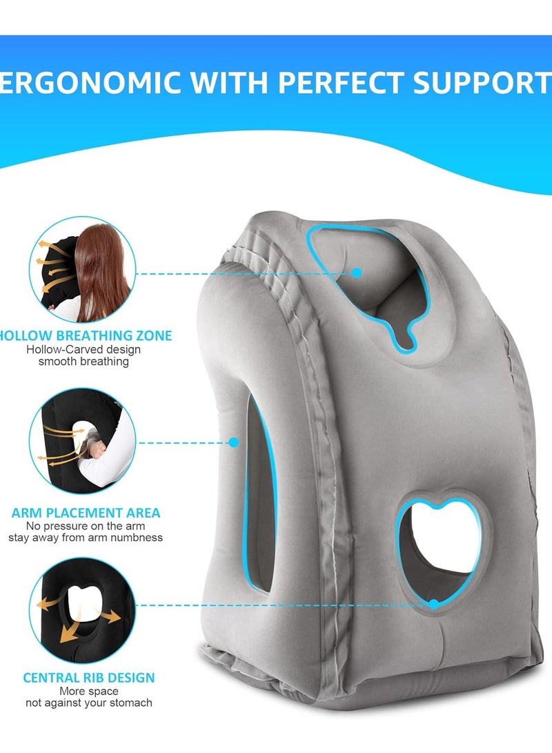وسادة سفر قابلة للنفخ متعددة الوظائف، ضرورية للطائرة، السيارة، الحافلة، القطار، والنوم في المكتب، توفر دعمًا للرأس والذقن، تخفيف آلام الرقبة والكتفين، تدعم الرقبة والعمود الفقري بشكل مريح (رمادي) - Image 3