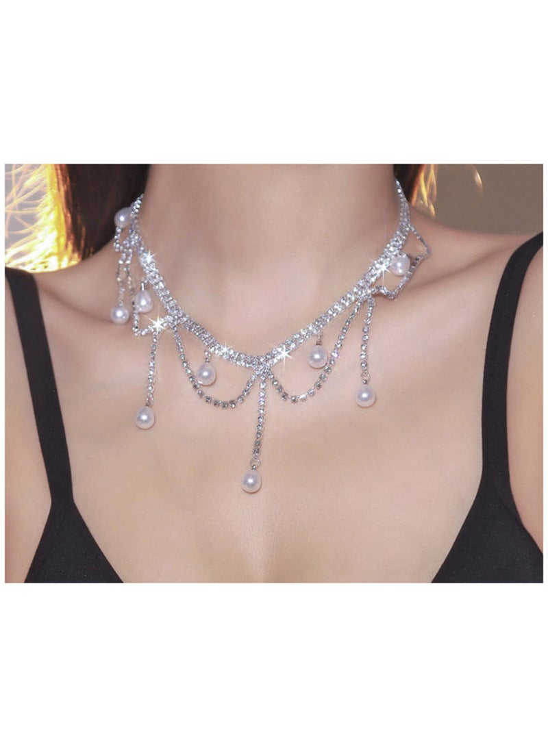 Aurelia Rhinestone Choker Silver Multi-layered Tassel Necklace Shiny Full Crystal Choker Fashion Crystal Pendant Chain Necklace Women Party Jewelry - Image 1