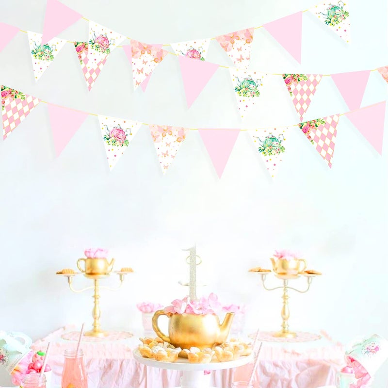 pinkblume Spring Tea Party Decorations Pink and Gold Floral Flower Butterfly Teapot Teacup Plaid Paper Triangle Flag Pennant Banner Bunting for Spring Birthday Wedding Bridal Baby Shower Engagement Tea Party - Image 4