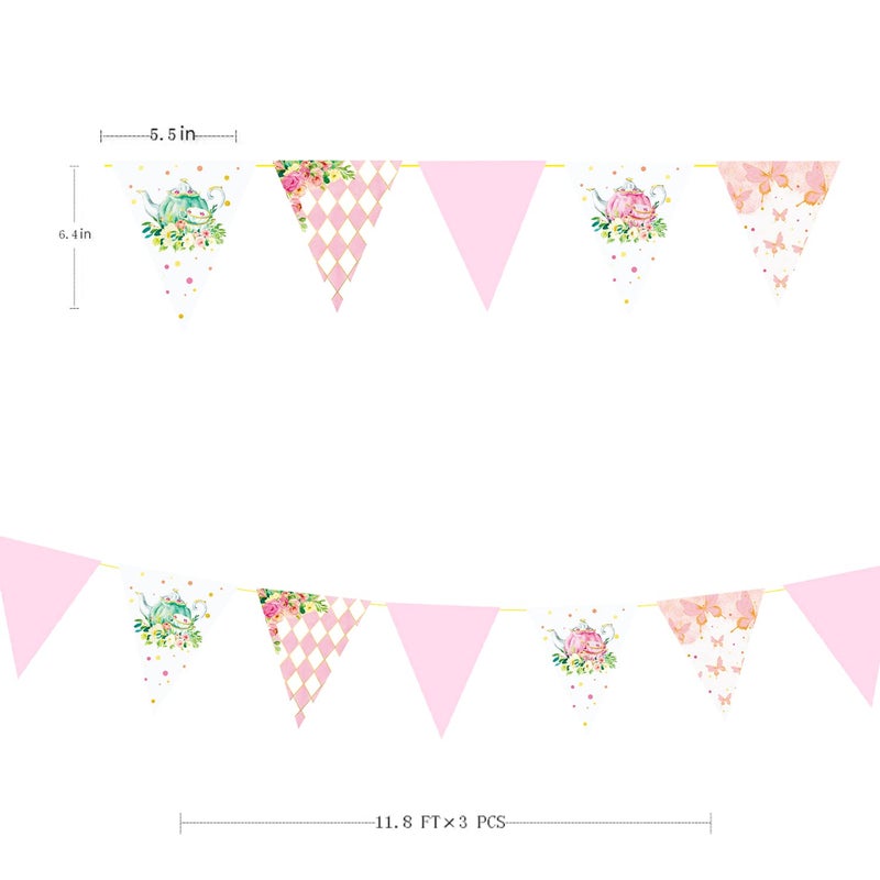 pinkblume Spring Tea Party Decorations Pink and Gold Floral Flower Butterfly Teapot Teacup Plaid Paper Triangle Flag Pennant Banner Bunting for Spring Birthday Wedding Bridal Baby Shower Engagement Tea Party - Image 2