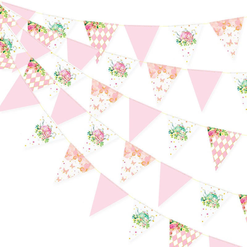 pinkblume Spring Tea Party Decorations Pink and Gold Floral Flower Butterfly Teapot Teacup Plaid Paper Triangle Flag Pennant Banner Bunting for Spring Birthday Wedding Bridal Baby Shower Engagement Tea Party - Image 1