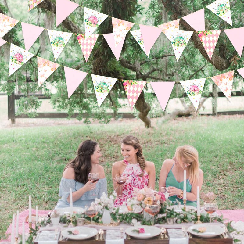 pinkblume Spring Tea Party Decorations Pink and Gold Floral Flower Butterfly Teapot Teacup Plaid Paper Triangle Flag Pennant Banner Bunting for Spring Birthday Wedding Bridal Baby Shower Engagement Tea Party - Image 5