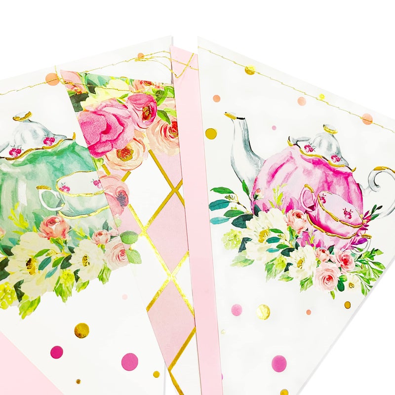 pinkblume Spring Tea Party Decorations Pink and Gold Floral Flower Butterfly Teapot Teacup Plaid Paper Triangle Flag Pennant Banner Bunting for Spring Birthday Wedding Bridal Baby Shower Engagement Tea Party - Image 3