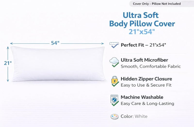 EVOLIVE Ultra Soft Microfiber Body Pillow Cover/Pillowcases 21"x54" with Hidden Zipper Closure (21"x54" Body Pillow Cover, White) - Image 2