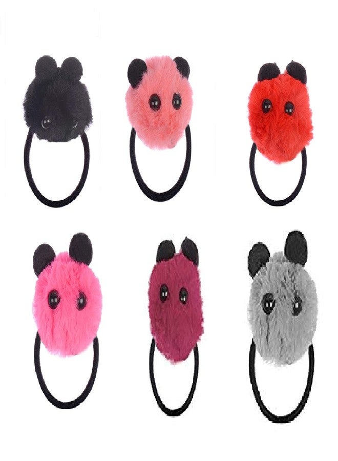 STRIPES® Set Of 6 Cute Panda Face Pom Pom Fur Elastic Hair Bands Hair Accessories for Girls/Kids (Pack of 6 pcs,any color) - Image 1