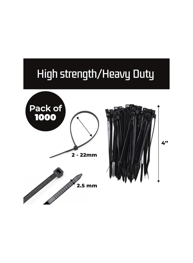 PROMASS promass 1000 Pack of Black Cable Ties, 100mm x 2.5mm, 4" Tie Wraps - Self Locking Small Nylon Zip Ties for Home Office Garage and Workshop  - Image 2