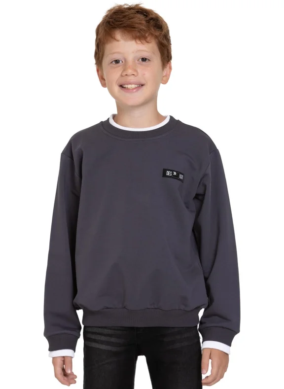 Zepkids Smoke Color Boy's Sweatshirt with Garnished Collar and Sleeves
