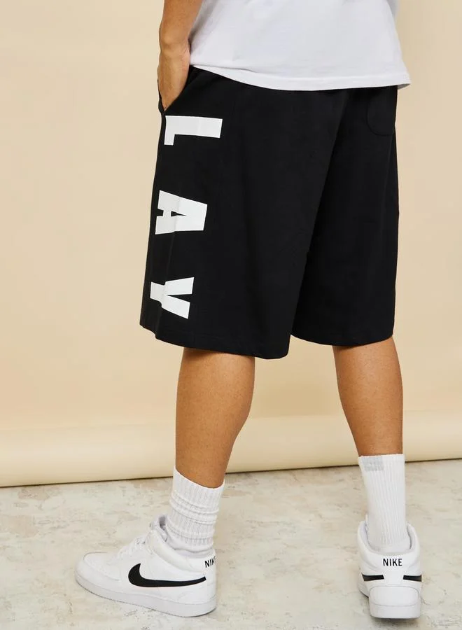 Styli Styli Oversized Terry Shorts with Bold Text Print Detail