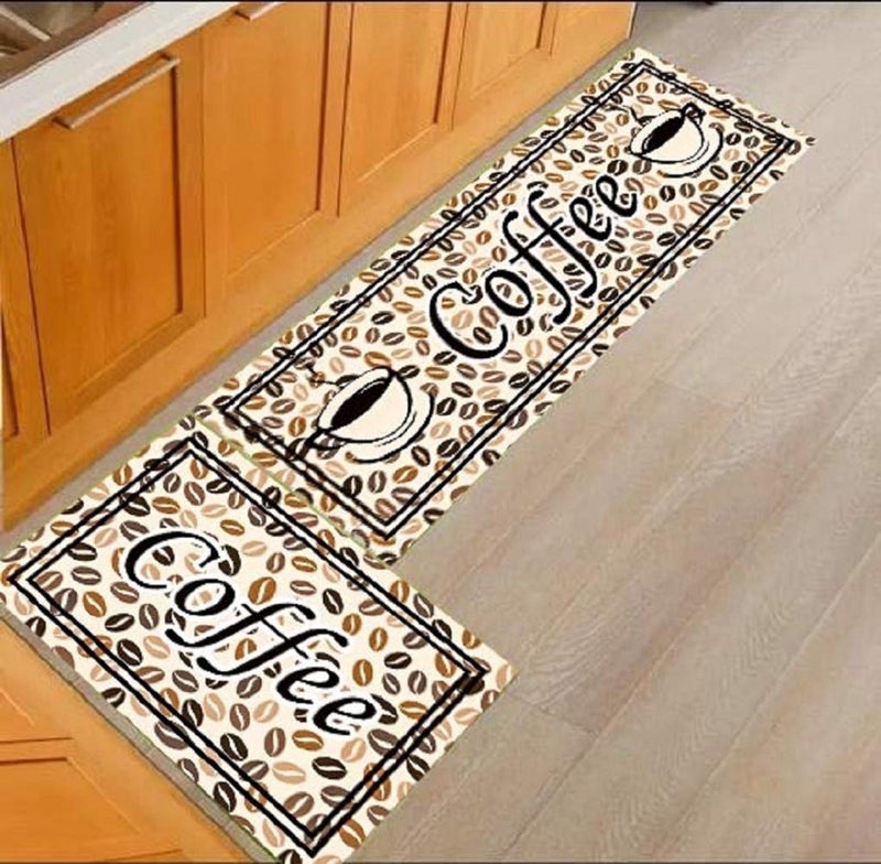 Delight Zone Prime Collection Anti Skid Washable Digital Printed Luxury Kitchen Floor Mat, Combo Set of 2 Pcs, Large MAT(18x55 in) Small MAT(17x26 in) - Coffee with Beans - KCM - Image 1