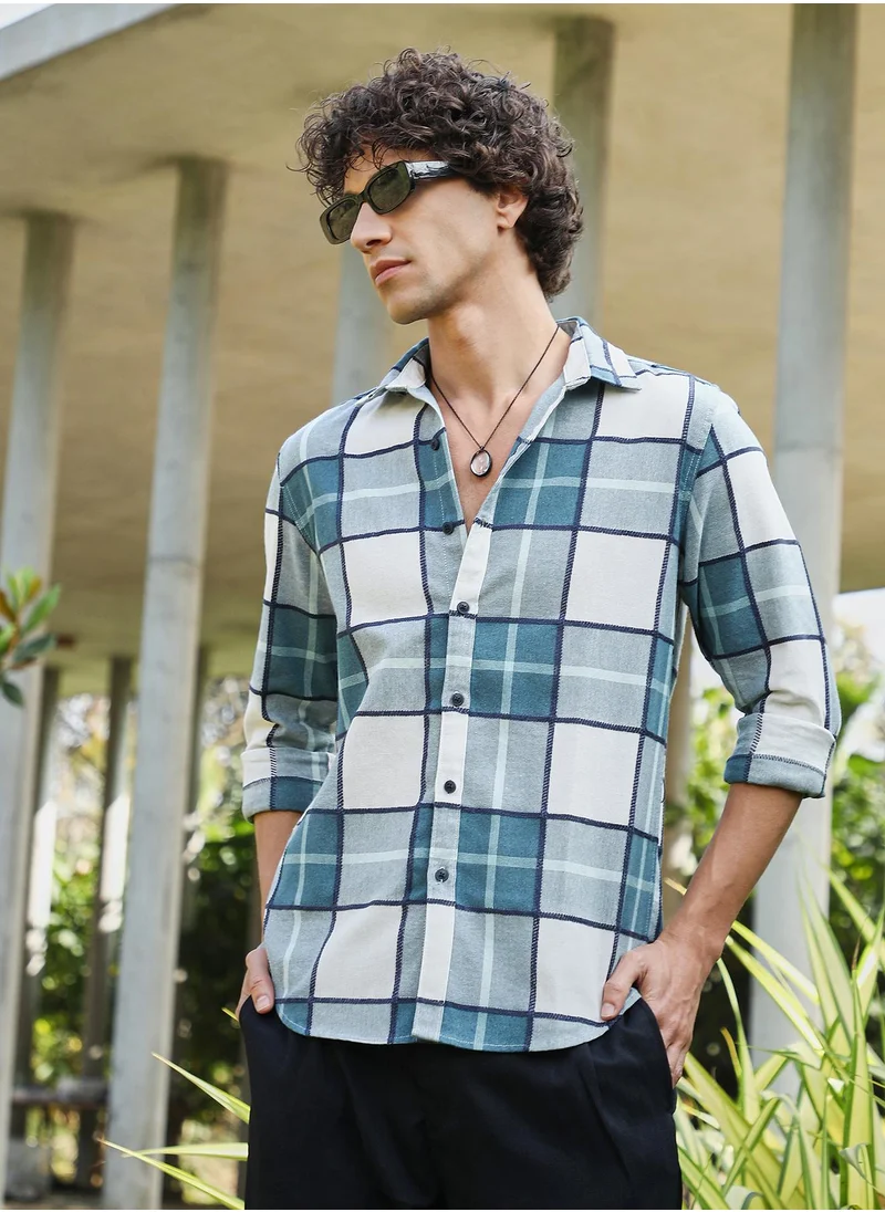 Campus Sutra Men's Steel Blue Overlaping Check Shirt