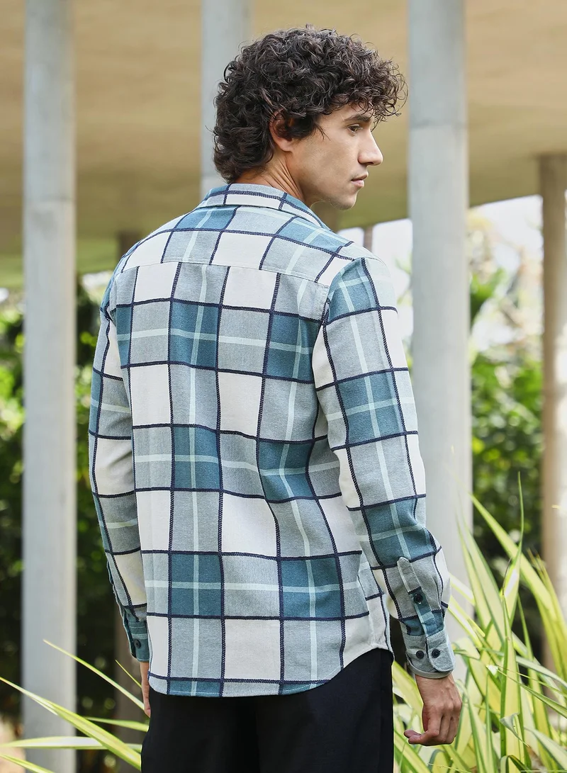 Campus Sutra Men's Steel Blue Overlaping Check Shirt