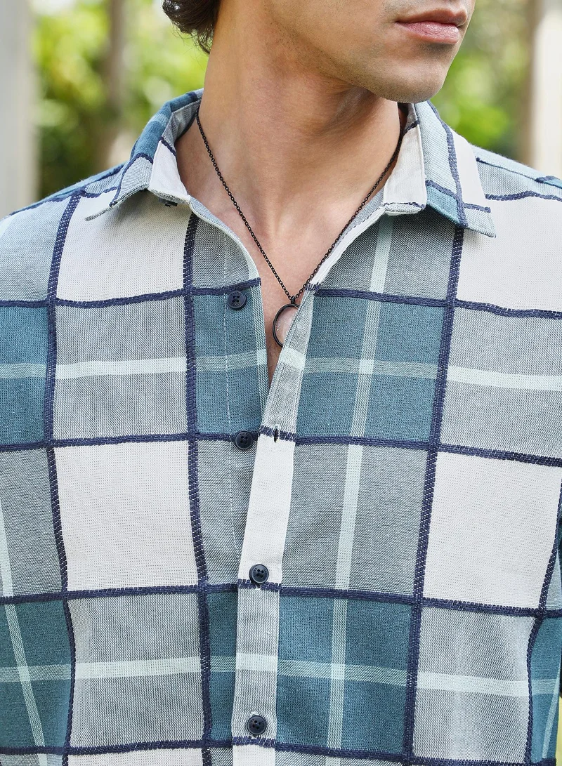 Campus Sutra Men's Steel Blue Overlaping Check Shirt