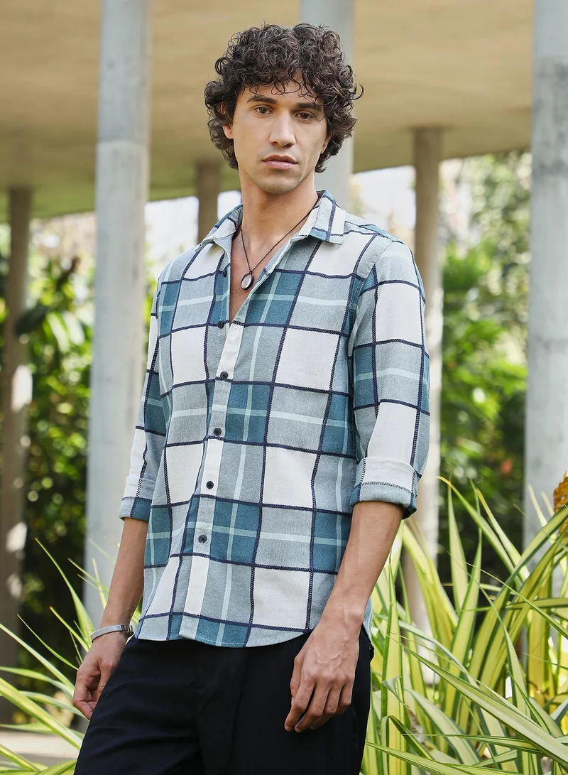 Campus Sutra Men's Steel Blue Overlaping Check Shirt