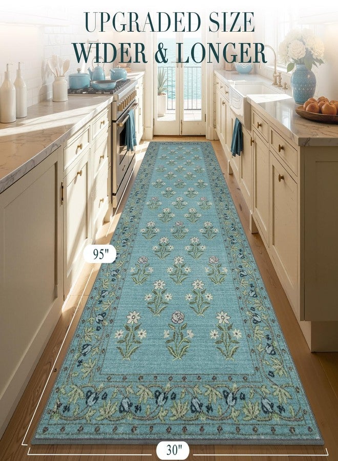 BSICPRO Large Kitchen Rugs Non Slip Washable, 30" x 95" Long Wide Kitchen Mats for Floor, Retro Vintage Floral Runner for Sink Kitchen Laundry Hallway Decor, Blue - Image 4