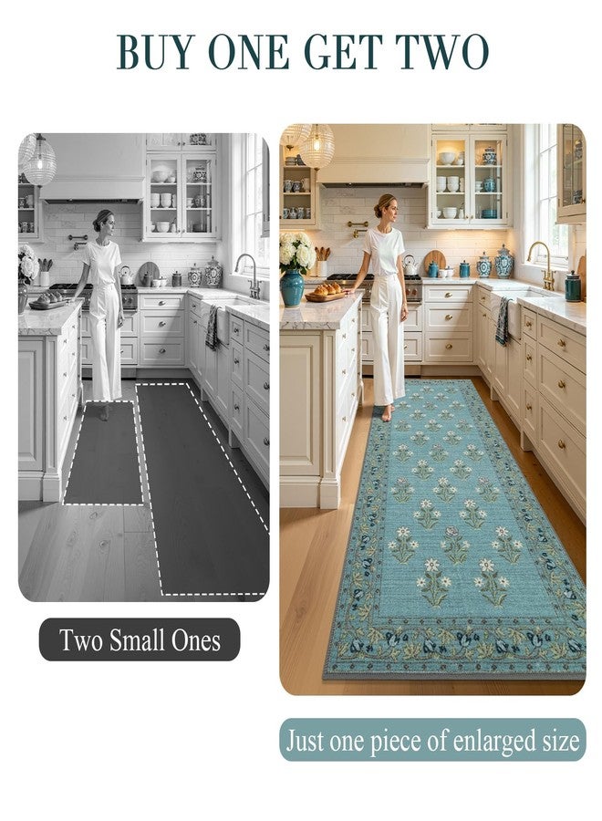 BSICPRO Large Kitchen Rugs Non Slip Washable, 30" x 95" Long Wide Kitchen Mats for Floor, Retro Vintage Floral Runner for Sink Kitchen Laundry Hallway Decor, Blue - Image 3