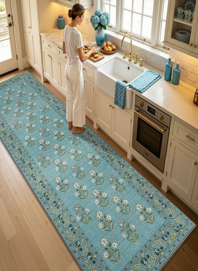 BSICPRO Large Kitchen Rugs Non Slip Washable, 30" x 95" Long Wide Kitchen Mats for Floor, Retro Vintage Floral Runner for Sink Kitchen Laundry Hallway Decor, Blue - Image 1