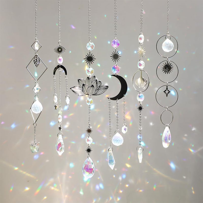 Worgree Sun Catchers, 6 Pieces Colorful Suncatchers Decorative Hanging Clear Crystal Prism Rainbow with Silver Moon Sun Metal Forms Suncatcher Kit for Window Indoor Outdoor Car Mirror Decor Xmas Gift - Image 4