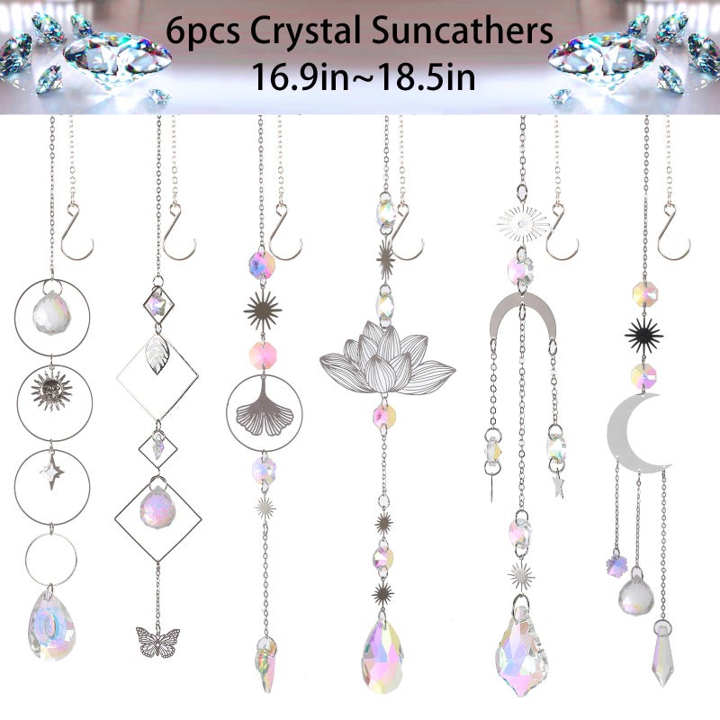 Worgree Sun Catchers, 6 Pieces Colorful Suncatchers Decorative Hanging Clear Crystal Prism Rainbow with Silver Moon Sun Metal Forms Suncatcher Kit for Window Indoor Outdoor Car Mirror Decor Xmas Gift - Image 2