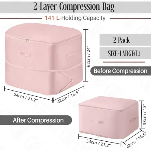 ABOUT SPACE Nylon Fabric 2Pcs Ultra Space Saving Self Compression Organizer - 141 L Vacuum Storage Bags - Packing Vaccine Bags for Clothes Airtight Reusable (Pink -Large - L 54 x B 42 x H 62 cm) - Image 2