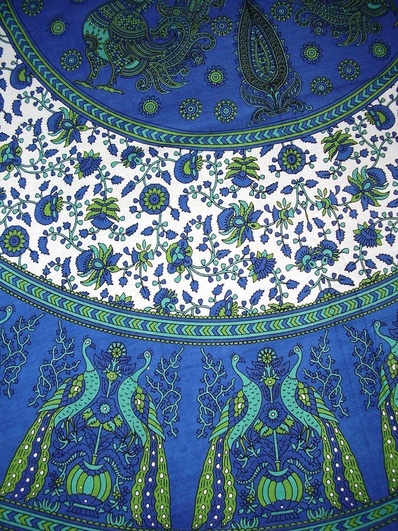 India Arts Floral Peacock Round Cotton Tablecloth 72"" Blue - Image 2