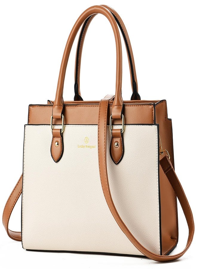 KURGOOL Handbags Purses for Women, Trendy Leather Dual-tone Tote Purse, Designer Handbag Shoulder Bag Top Handle Satchel Bags (Beige & Brown) - Image 1