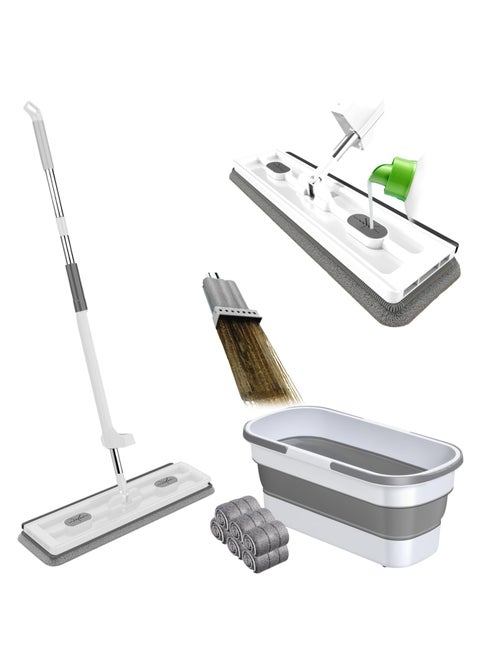 360 Degree Magic Mop with Squeegee and 12 Gallon Large Collapsible Mop Bucket wtih 6 Microfiber Pads,Self Wringing Large Flat Mop and Collapsible Mop Bucket Set,White