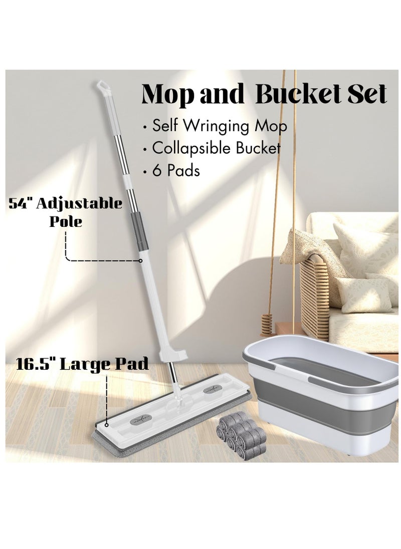 360 Degree Magic Mop with Squeegee and 12 Gallon Large Collapsible Mop Bucket wtih 6 Microfiber Pads,Self Wringing Large Flat Mop and Collapsible Mop Bucket Set,White