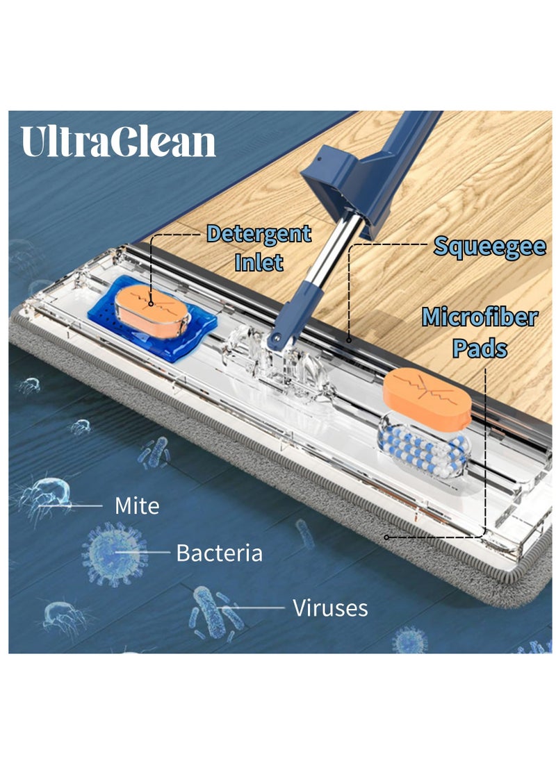 360 Degree Magic Mop with Squeegee and 12 Gallon Large Collapsible Mop Bucket wtih 6 Microfiber Pads,Self Wringing Large Flat Mop and Collapsible Mop Bucket Set,White