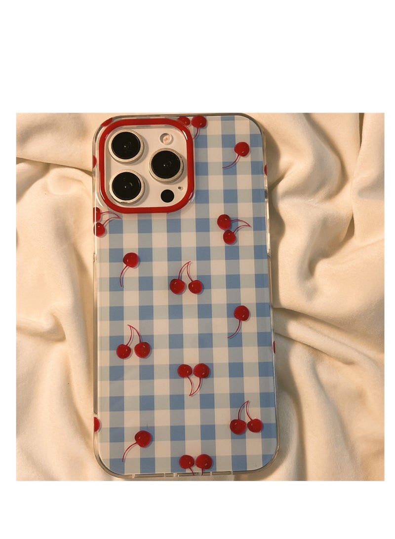 NIBEMINENT Protective TPU Case Cover For iPhone 17, Niche Blue Checkered Cherries