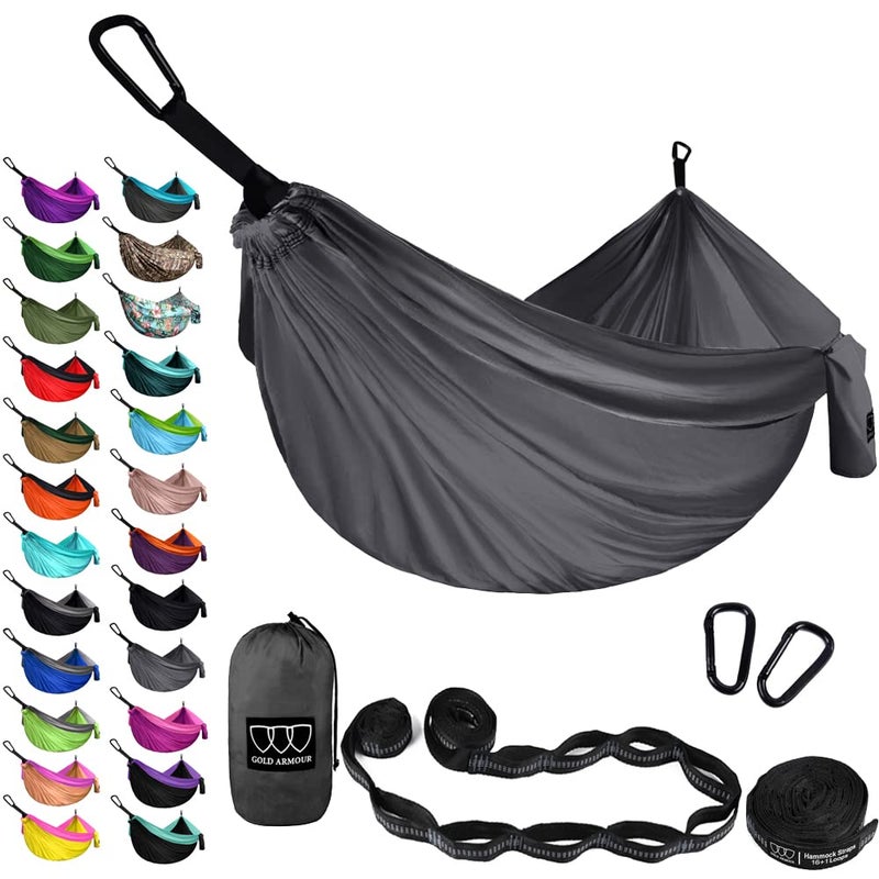 Gold Armour Gold Armour Camping Hammock - XL Double Hammock Portable Hammock Camping Accessories Gear for Outdoor Indoor with Tree Straps, USA Based Brand (Gray)  - Image 1