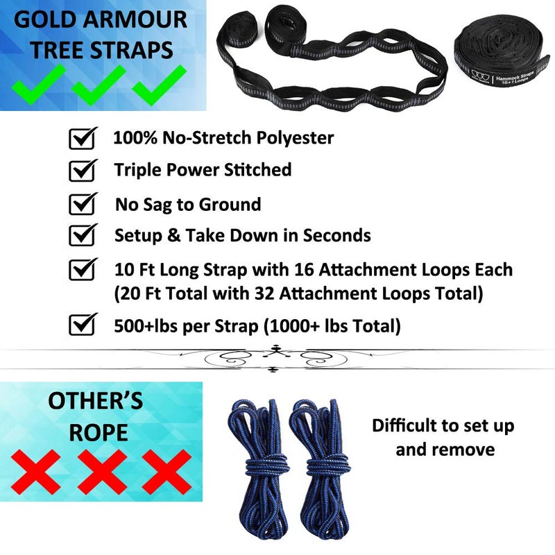 Gold Armour Gold Armour Camping Hammock - XL Double Hammock Portable Hammock Camping Accessories Gear for Outdoor Indoor with Tree Straps, USA Based Brand (Gray)  - Image 3