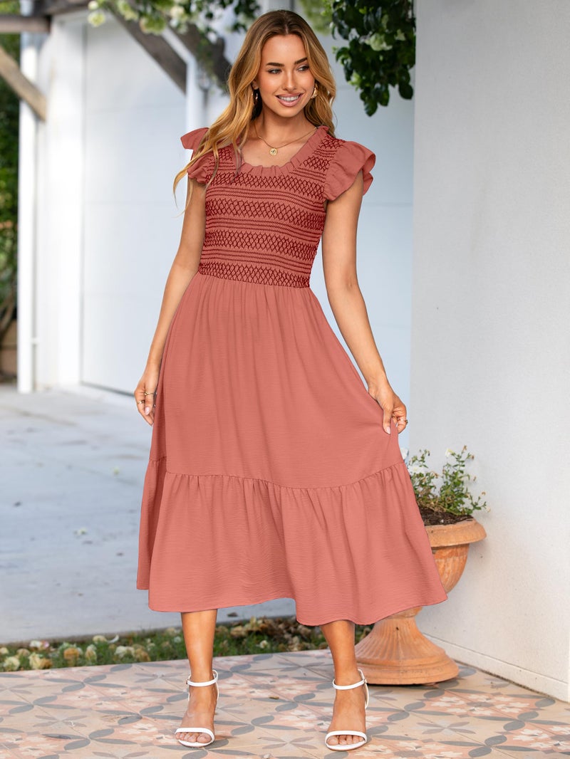 Simplee Apparel Simplee Womens Summer Midi Dress Casual Boho Smocked Waist Flutter Sleeve A Line Flowy Tiered Dress with Pockets - Image 3
