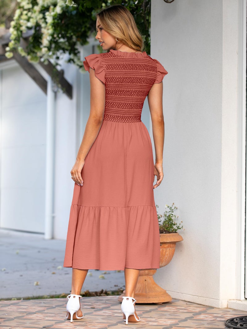 Simplee Apparel Simplee Womens Summer Midi Dress Casual Boho Smocked Waist Flutter Sleeve A Line Flowy Tiered Dress with Pockets - Image 4