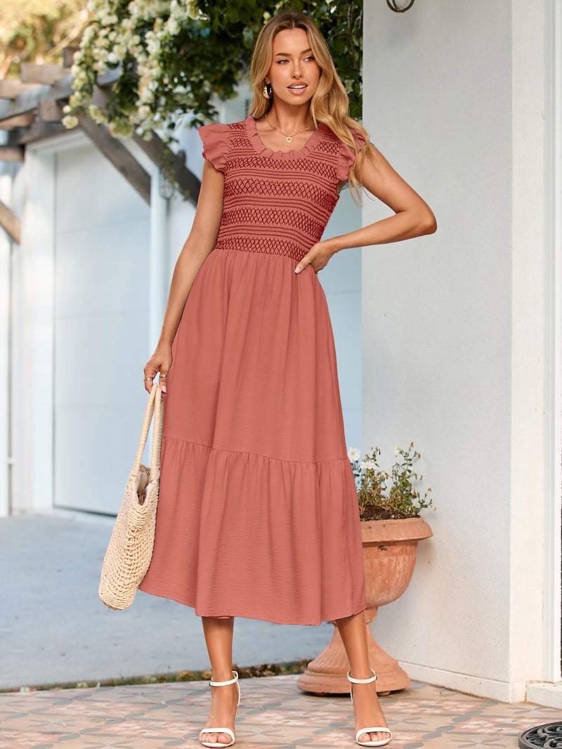 Simplee Apparel Simplee Womens Summer Midi Dress Casual Boho Smocked Waist Flutter Sleeve A Line Flowy Tiered Dress with Pockets - Image 5