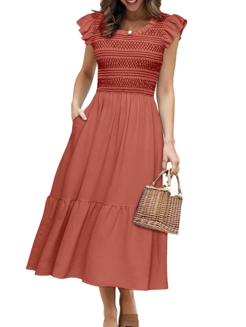 Simplee Apparel Simplee Womens Summer Midi Dress Casual Boho Smocked Waist Flutter Sleeve A Line Flowy Tiered Dress with Pockets - Image 1