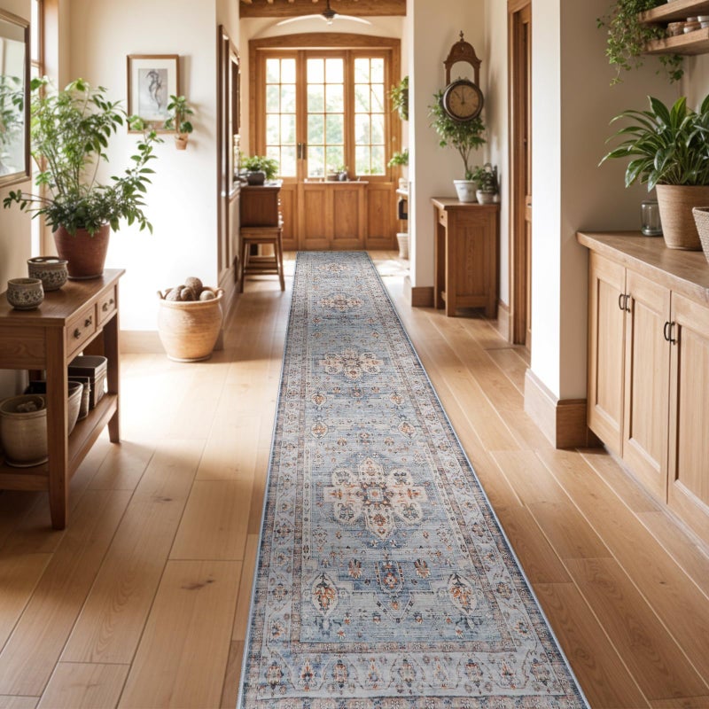 TOPRUUG Washable Hallway Runner Rug 3x16: Non Slip Runner Rugs with Rubber Backing Soft Kitchen Rug Farmhouse Distressed Carpet Runner for Living Room Bedroom Bathroom (Blue, 3X16) - Image 1