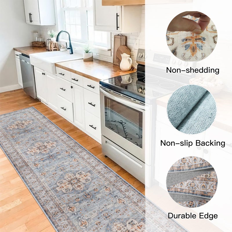 TOPRUUG Washable Hallway Runner Rug 3x16: Non Slip Runner Rugs with Rubber Backing Soft Kitchen Rug Farmhouse Distressed Carpet Runner for Living Room Bedroom Bathroom (Blue, 3X16) - Image 5