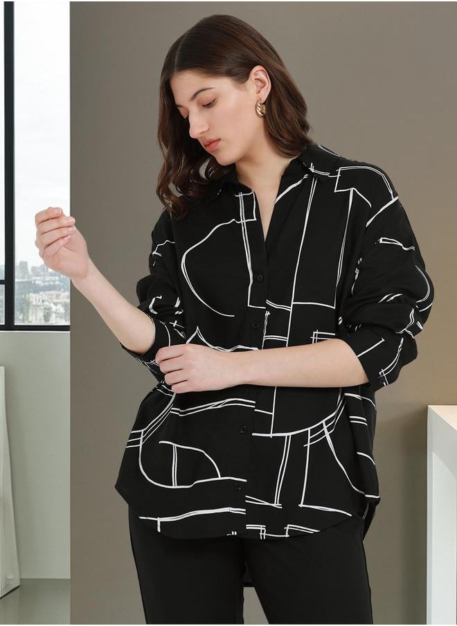 Dennis Lingo - Black Relaxed Fit Printed Shirt for Women - Rayon, Full Sleeves, Shirt Collar, Casual, - Image 1