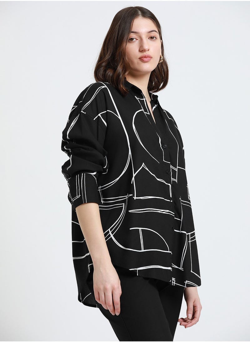 Dennis Lingo - Black Relaxed Fit Printed Shirt for Women - Rayon, Full Sleeves, Shirt Collar, Casual, - Image 1